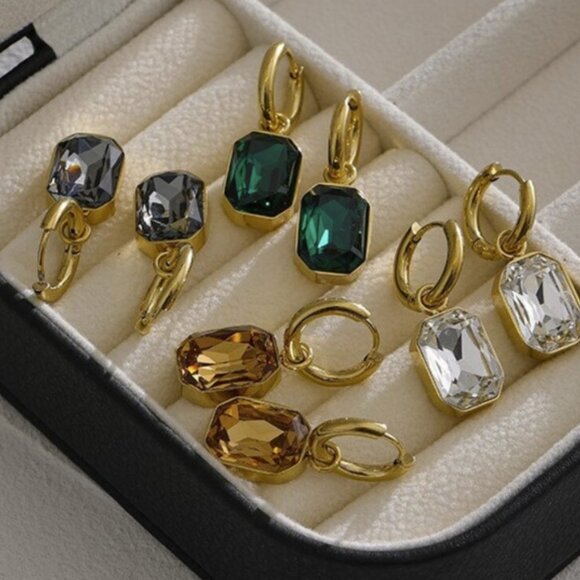 Rectangular Cubic Zirconia Champagne Hoop Earrings Gold PVD Stainless Steel - Picture 6 of 6